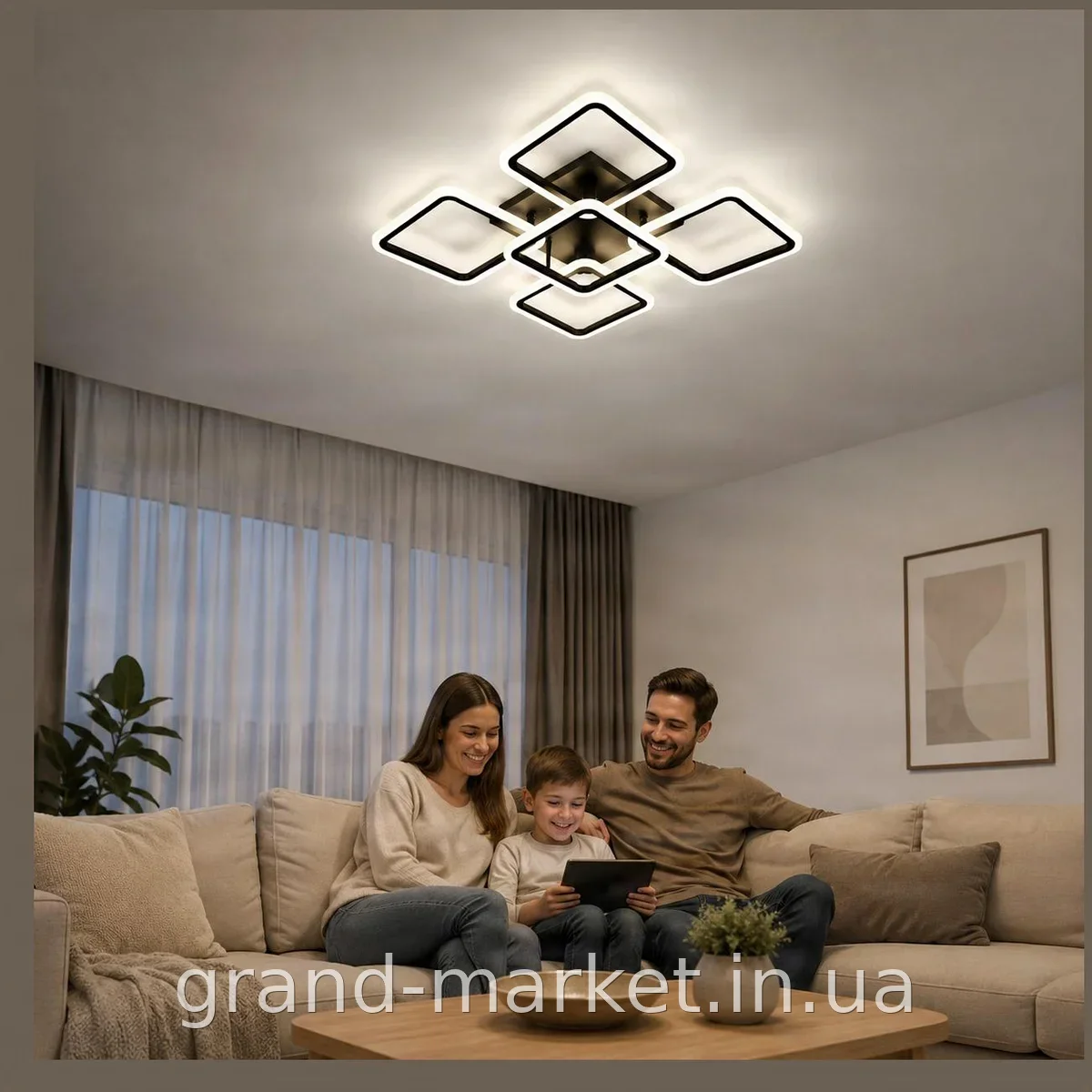 Светодиодная LED-люстра 120 Вт с пультом ДУ, квадратная потолочная, накладная, 3 режима, черная, хай-тек