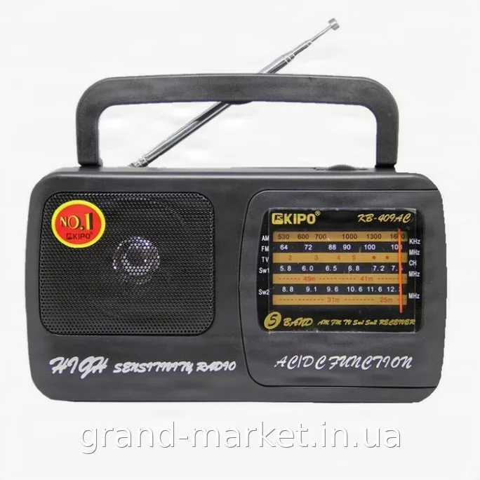 Портативний радіоприймач KIPO KB-409AC FM з мережевим та батарейним живленням, аналоговий тюнер, чорний - для дачі