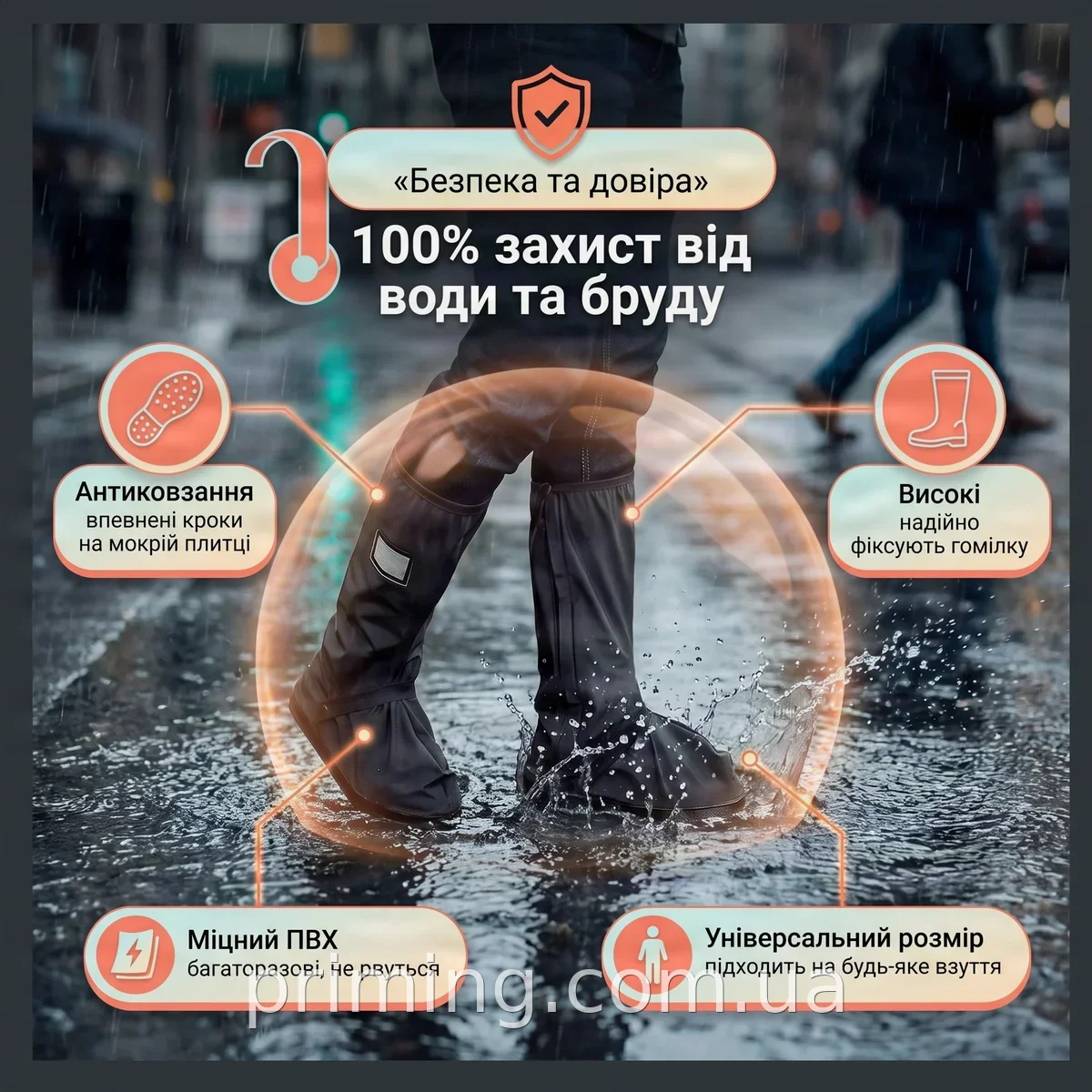 Багаторазові водонепроникні бахіли AND140 з міцного ПВХ чорні, захист взуття від дощу та бруду, антиковзкі