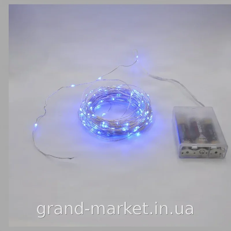 Світлодіодна гірлянда-роса 10 м Copper Wire 100B-1 на батарейках синя для декору приміщень, мідний дріт