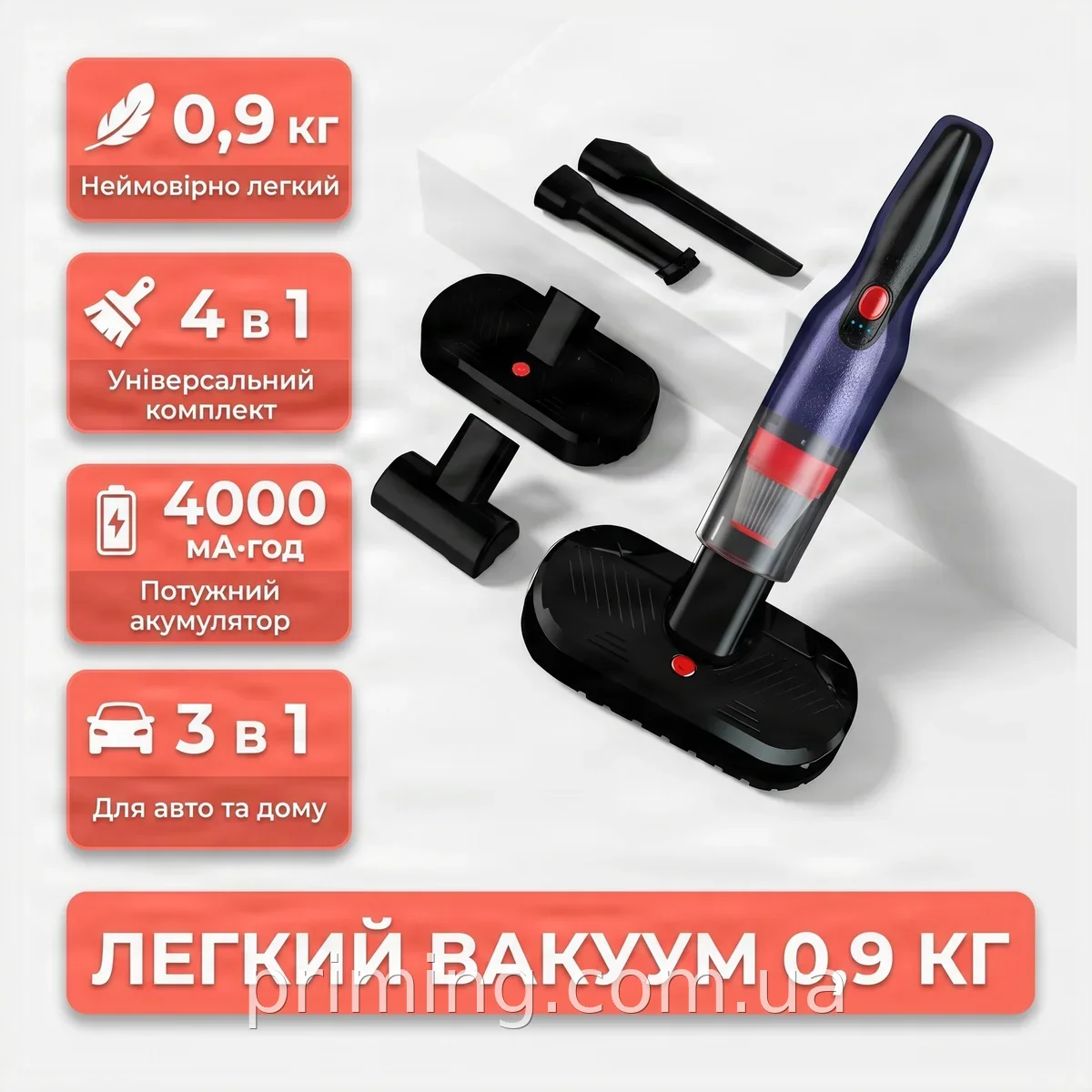 Аккумуляторный пылесос BG-XCQ01 ручной 3в1 для дома и авто, мощный 4000 мАч, сухая уборка, компактный
