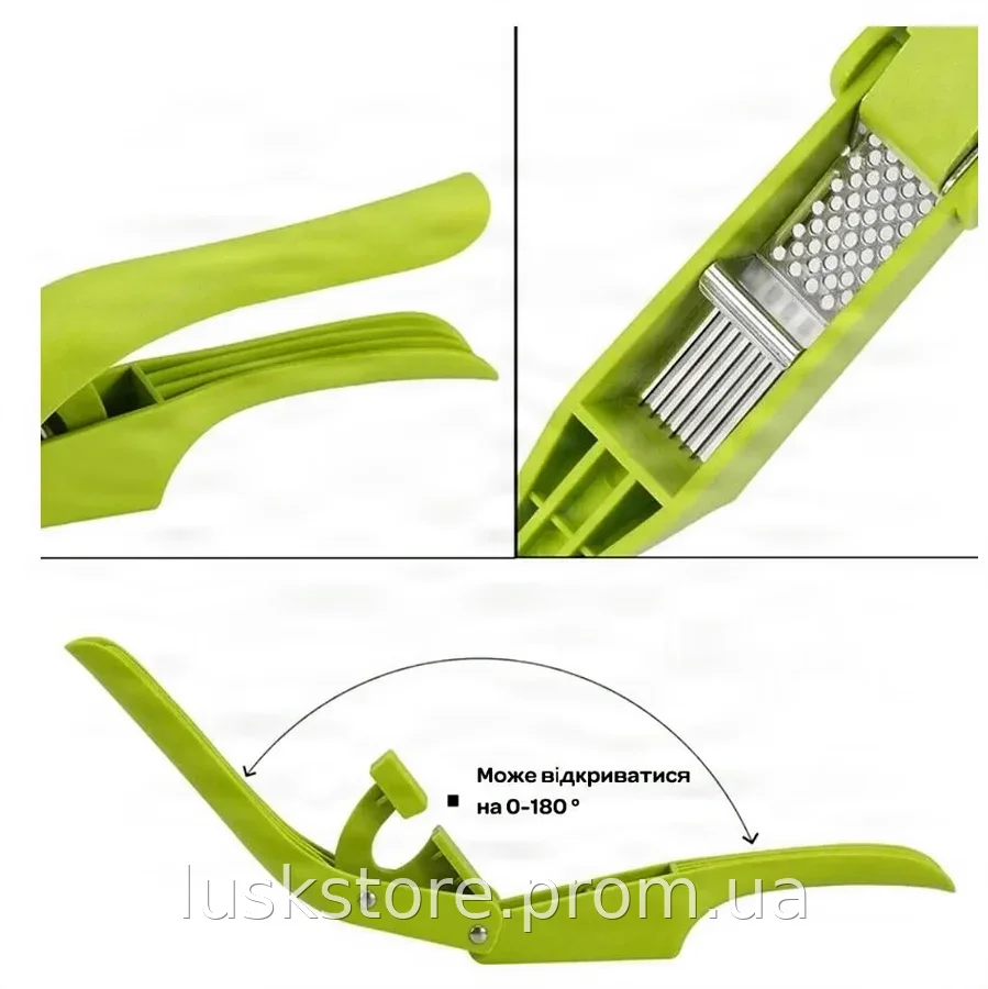 Ручной пресс для чеснока 2 в 1 Garlic Slicer, измельчитель и слайсер универсальный зеленый пластиковый