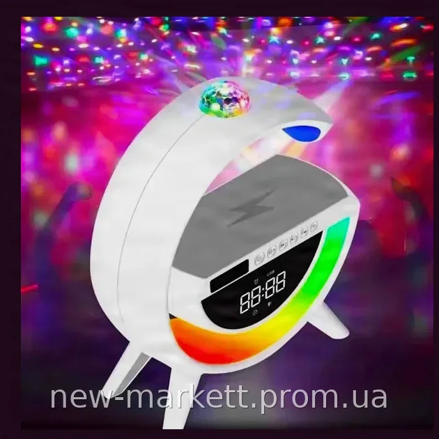 Смарт RGB настольная лампа-ночник с Bluetooth колонкой и беспроводной зарядкой аккумуляторная EM BT-3402