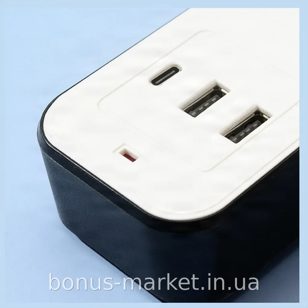 Сетевой фильтр-удлинитель AND WL-7 на 3 розетки с двумя USB и Type-C, защитные шторки, 2 метра для дома
