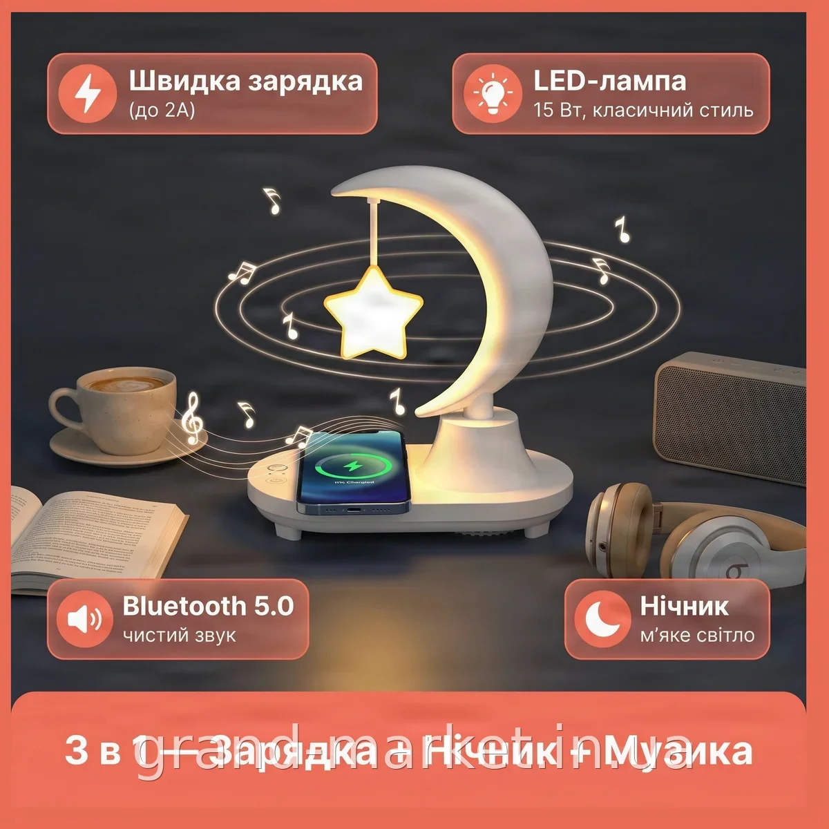 Бездротова зарядка для телефону нічник-лампа LED зі швидкою зарядкою 15 Вт, кнопка на шнурі, TB-35SLIWBT