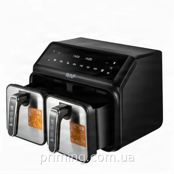 Аэрогриль двухкорзиночный Air Fryer с сенсорным экраном и двумя лотками 4,5+4,5л 2000Вт модель R.5376
