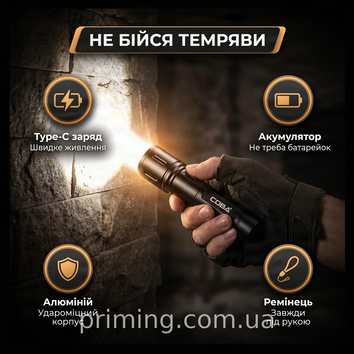 Ручний акумуляторний світлодіодний ліхтар BL 603-TG, 13 діодів, 4 режими, алюмінієвий корпус, Type-C