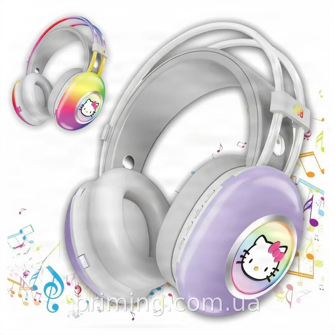 Накладні бездротові Bluetooth-навушники з RGB-підсвічуванням та плеєром, фіолетові Hello Kitty для ігор