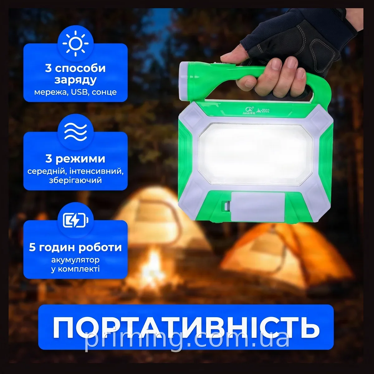 Переносной светодиодный фонарь JA-2002 с солнечной панелью и USB, аккумуляторный для туризма и рыбалки