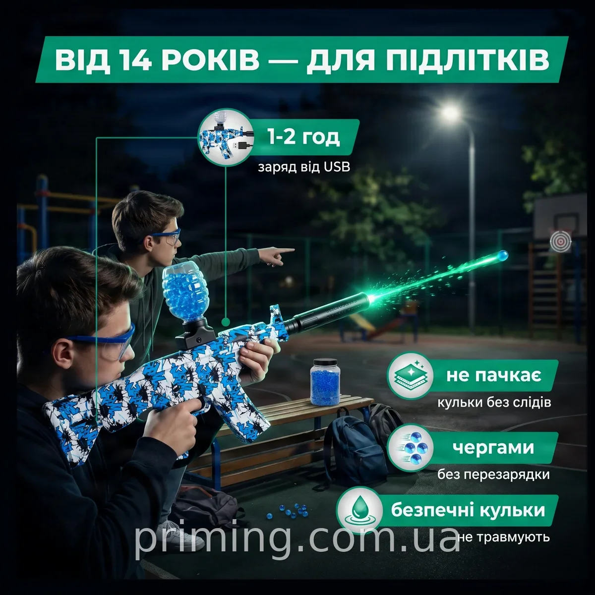 Дитячий акумуляторний автомат AK-47 mini для стрільби водяними кульками орбіз з USB-зарядкою, синій пластик