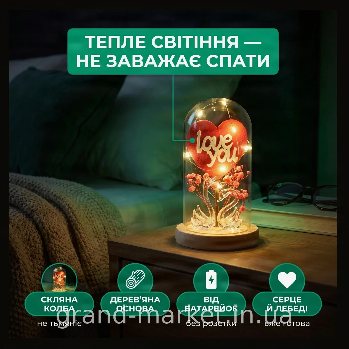 Світлодіодний нічник у скляній колбі Love you з гірляндою, декоративний сувенір на батарейках у подарунок