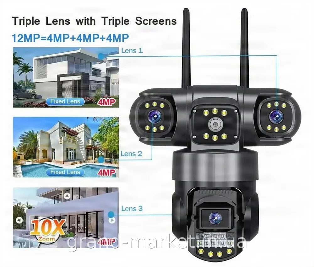 Вулична поворотна Wi-Fi камера V380Pro SC28-W 8 Мп з 3 об'єктивами, Full HD, нічним баченням та захистом IP66