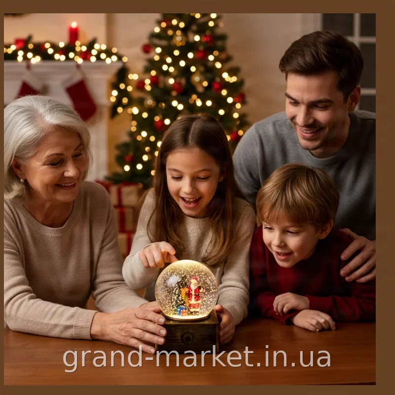 Снігова куля музична новорічна «Дід Мороз з ялинкою» 12 см, нічник з LED-підсвіткою та падаючим снігом