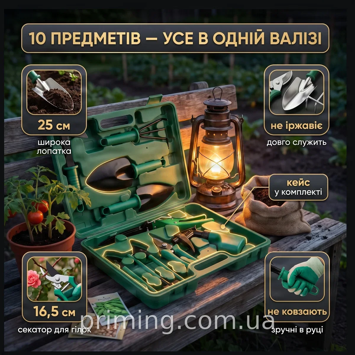 Набір садових інструментів 10 в 1 з кейсом для дачі, городу та саду, ручний інвентар з металу та пластику