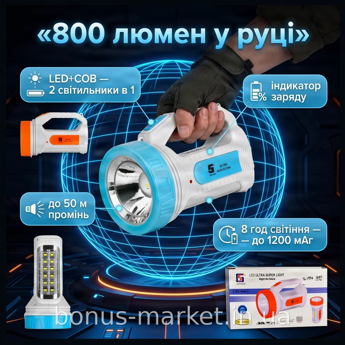 Аккумуляторный ручной светодиодный фонарь TORCH SG-1983, 800 лм, COB+LED, 1200 мАч, индикатор заряда