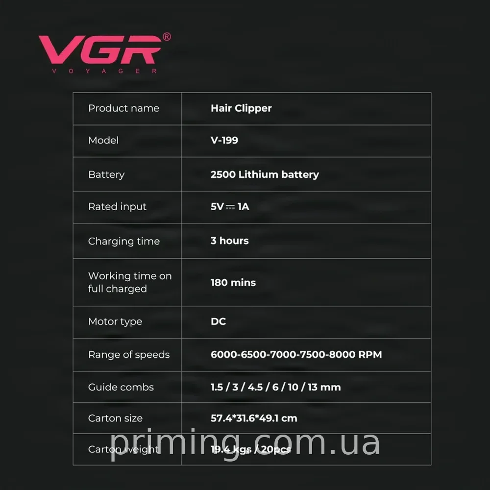 Акумуляторна машинка для стрижки волосся та бороди VGR V-199, 6 насадок, LED-дисплей, чорна професійна