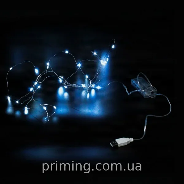 Новорічна гірлянда Xmas 30 LED 3M на мідному проводі крапля роси від батарейок та USB синя