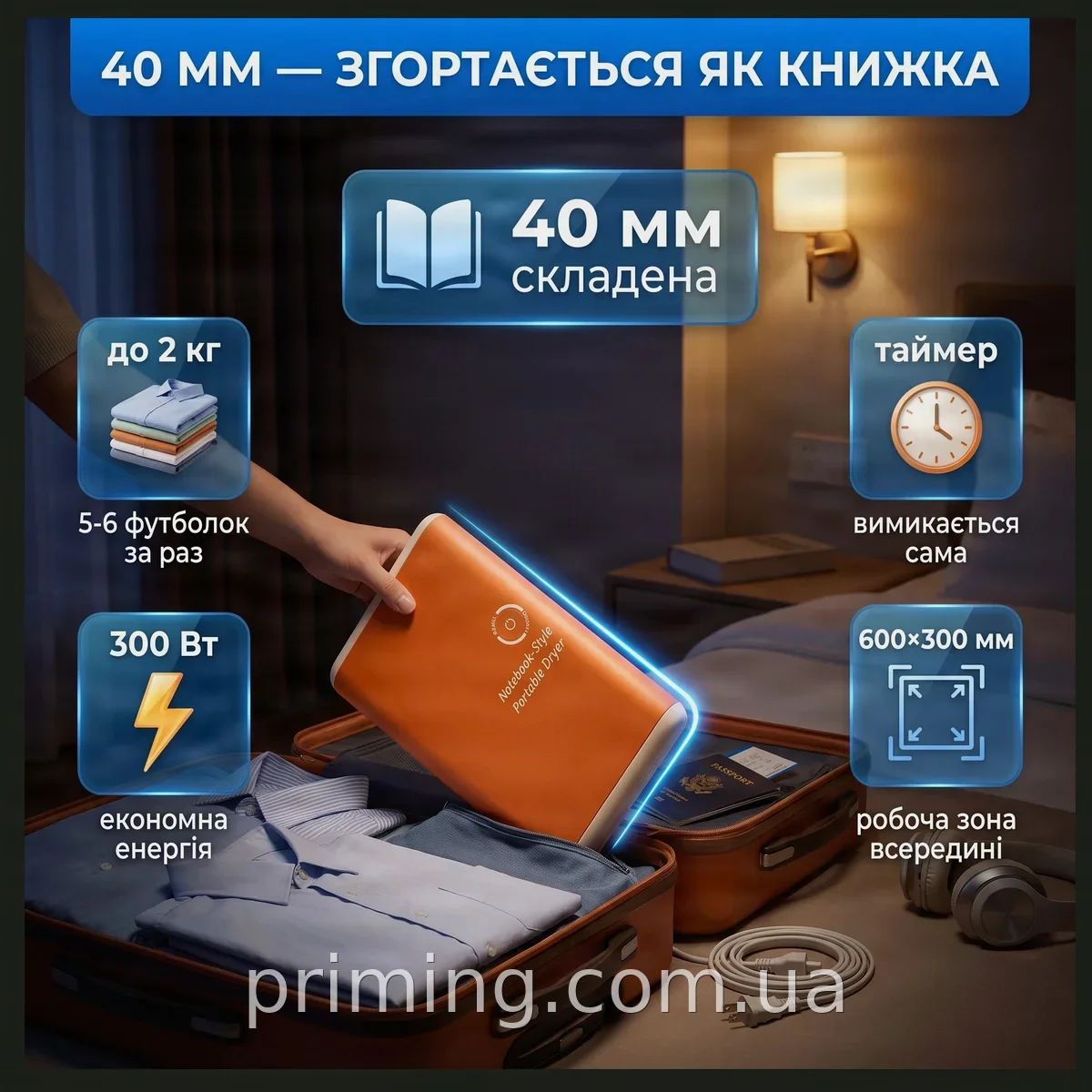 Електрична сушарка для одягу складна портативна 300 Вт з таймером, до 2 кг білизни, для дому та подорожей