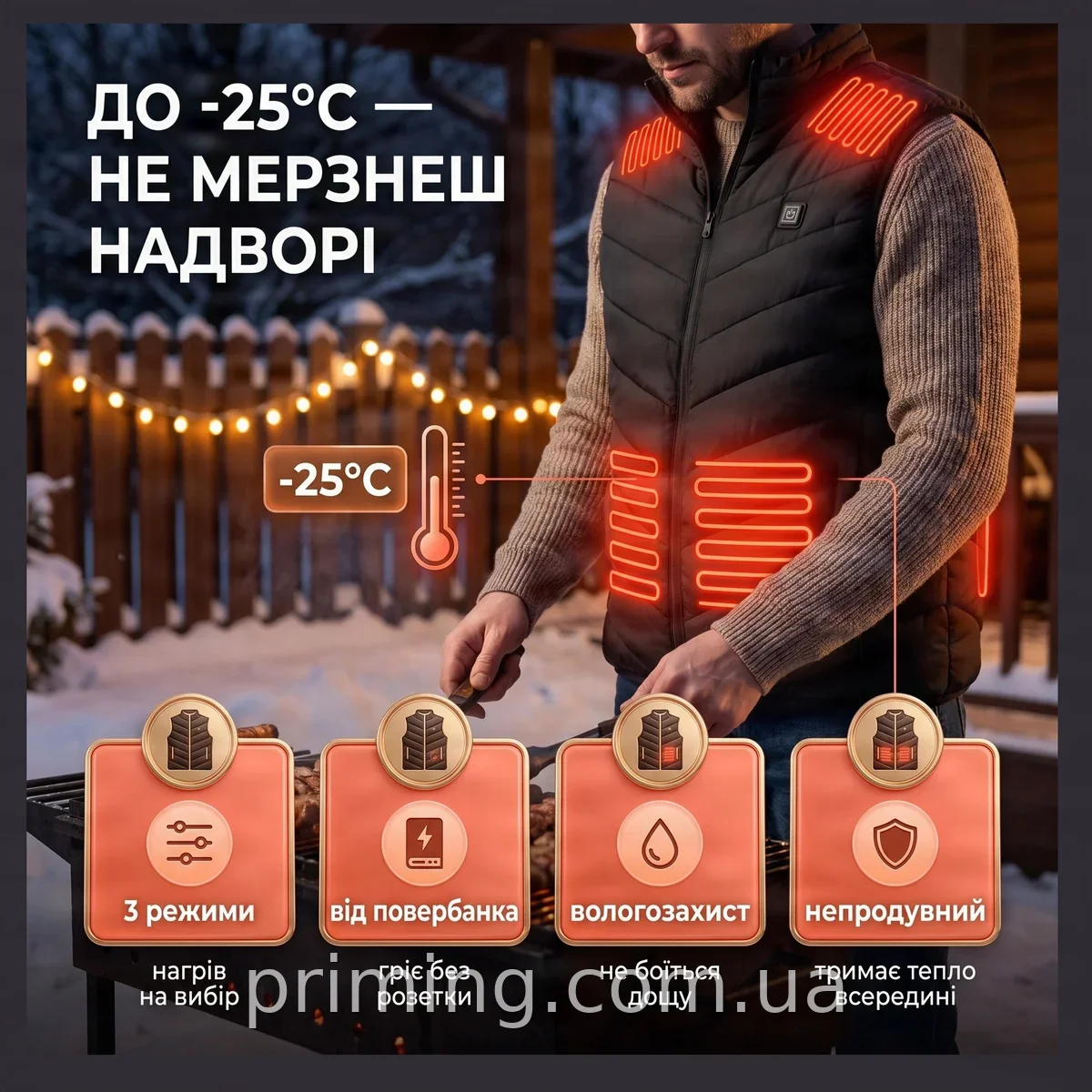 Жилет мужской с подогревом XL от PowerBank, 9 зон нагрева, нейлон, водоотталкивающий, для туризма и рыбалки