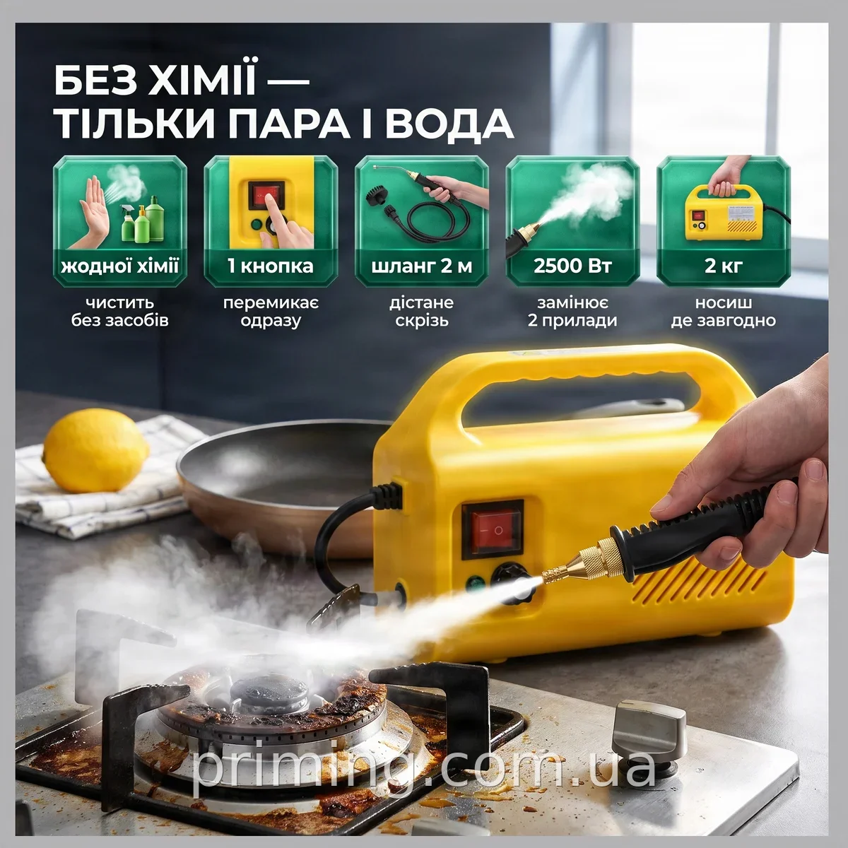 Пароочисник портативний 2 в 1 з мийкою високого тиску 2500 Вт для очищення плитки, м'яких меблів та підлоги