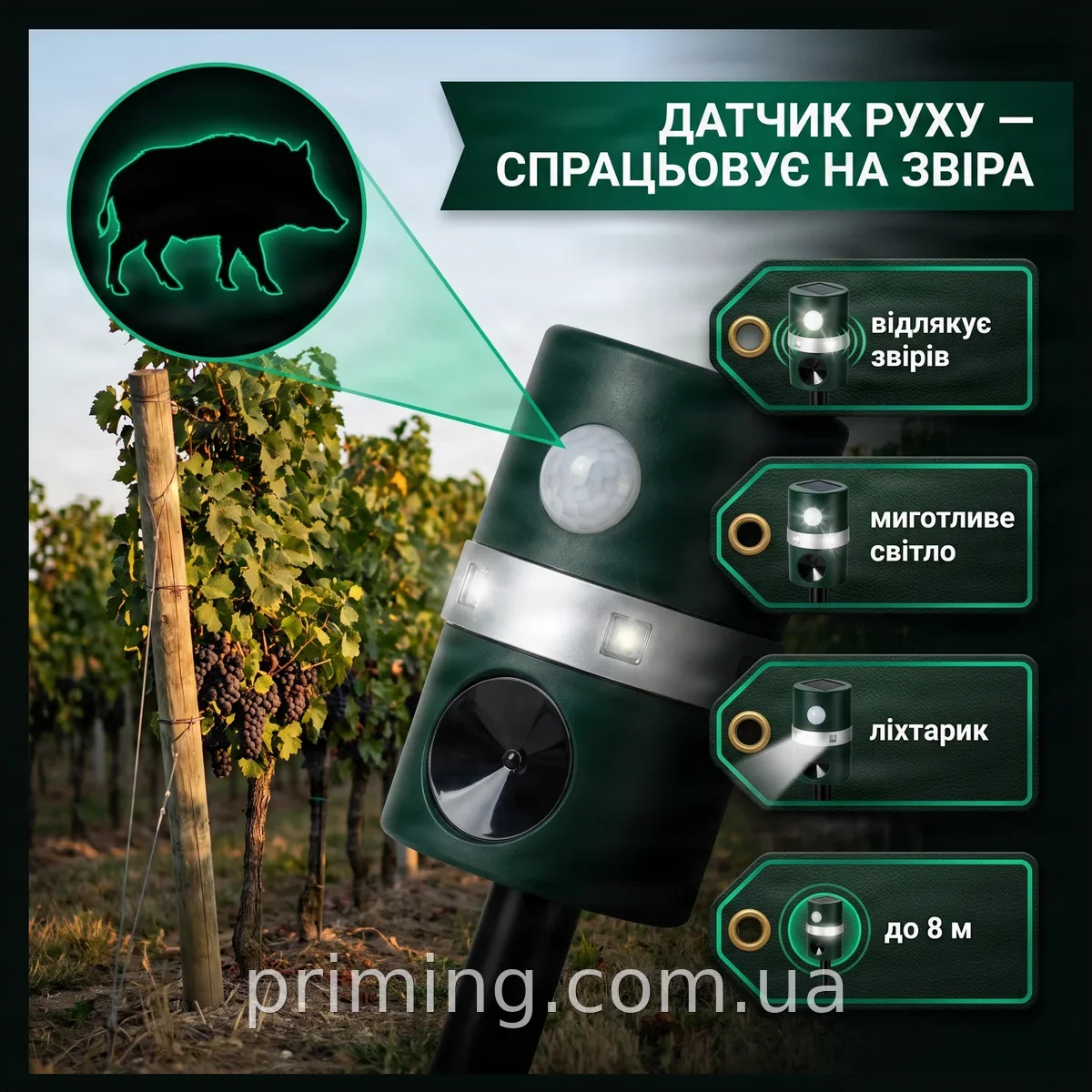 Ультразвуковий відлякувач тварин на сонячній батареї з датчиком руху до 8 м, водонепроникний