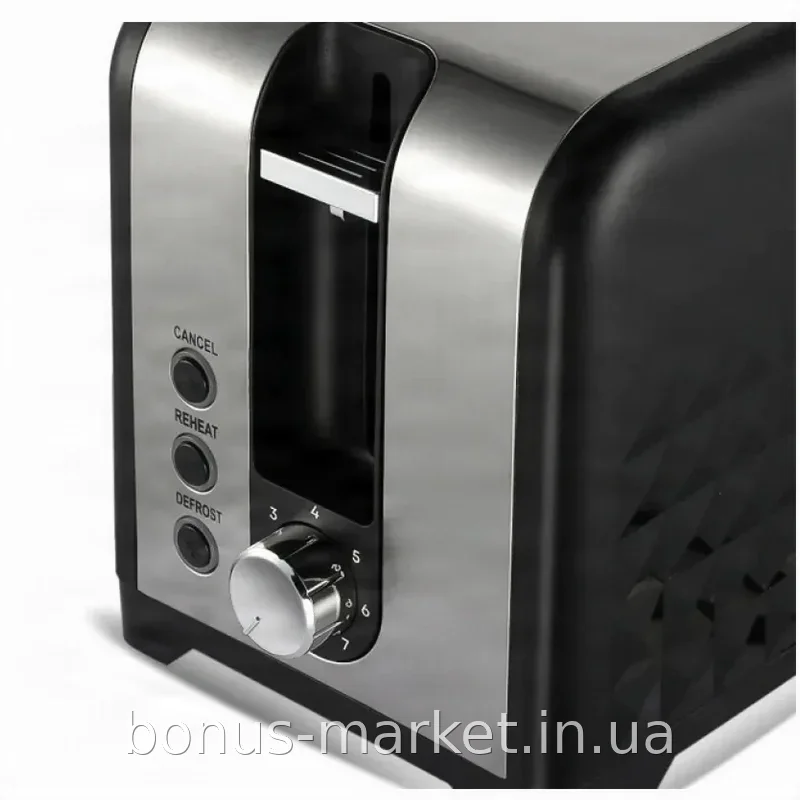 Тостер Domotec RAF R-2101 на 2 тоста 900 Вт с 7 уровнями обжарки, функциями подогрева и разморозки, черный