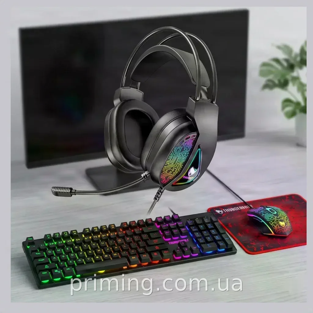 Игровой комплект T-Wolf TF-400 4-в-1 проводной с RGB подсветкой, клавиатура мышь наушники коврик для ПК