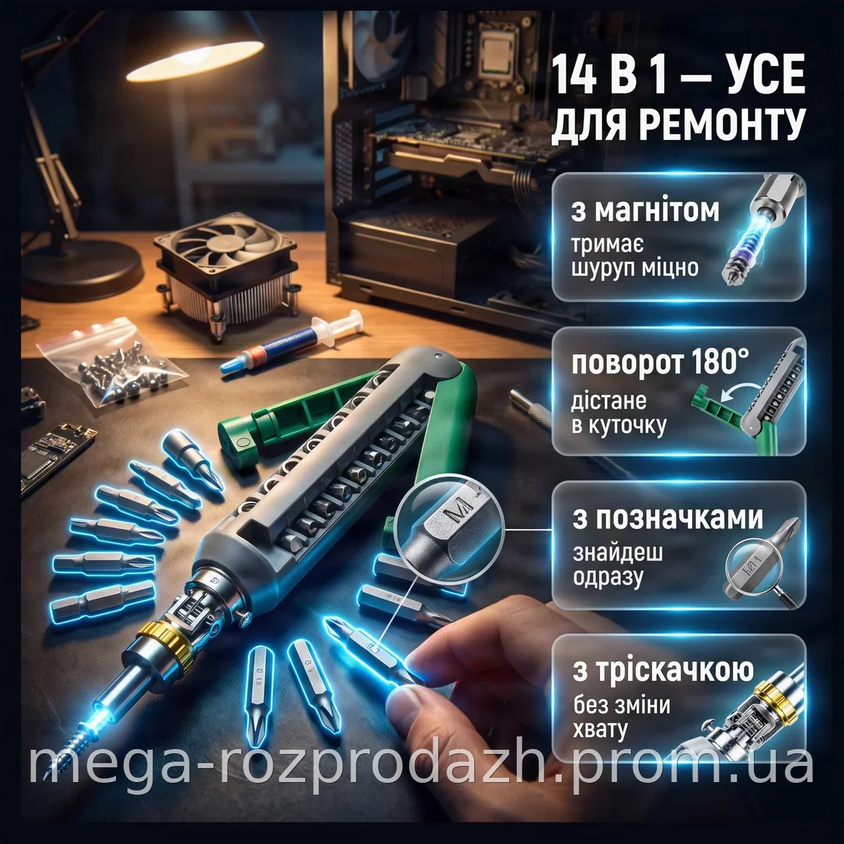 Набор отверток с битами 14 в 1, универсальная с храповым механизмом и магнитным наконечником для дома и ремонта