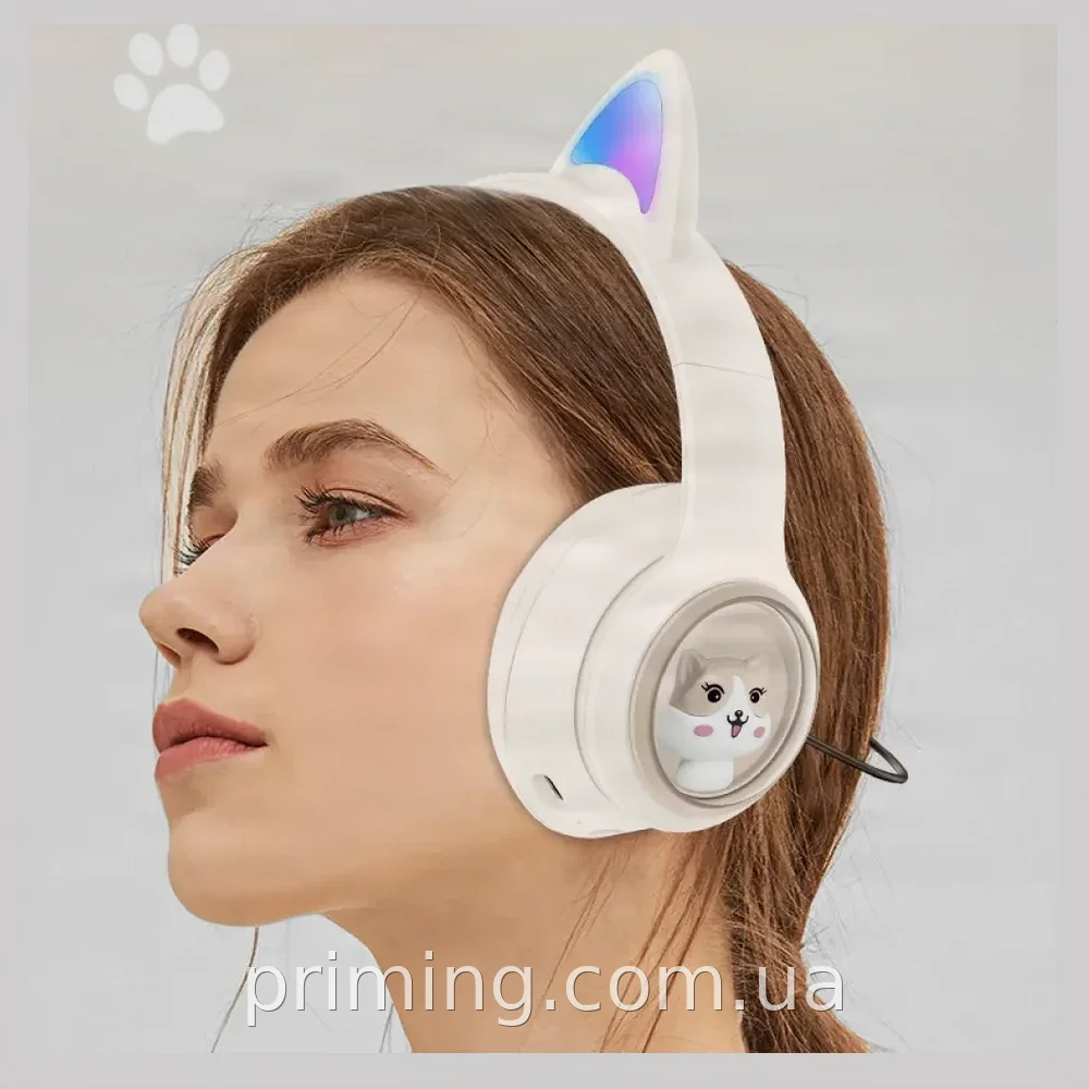 Беспроводные детские Bluetooth наушники с кошачьими ушками MDR CAT+BT CUTER, бежевые, накладные, с микрофоном и USB