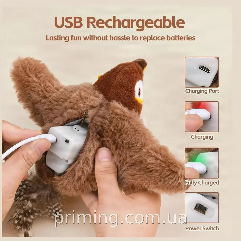 Интерактивная игрушка для кошек: Птичка машет крыльями, USB-зарядка, плюшевая мяукалка, разные цвета