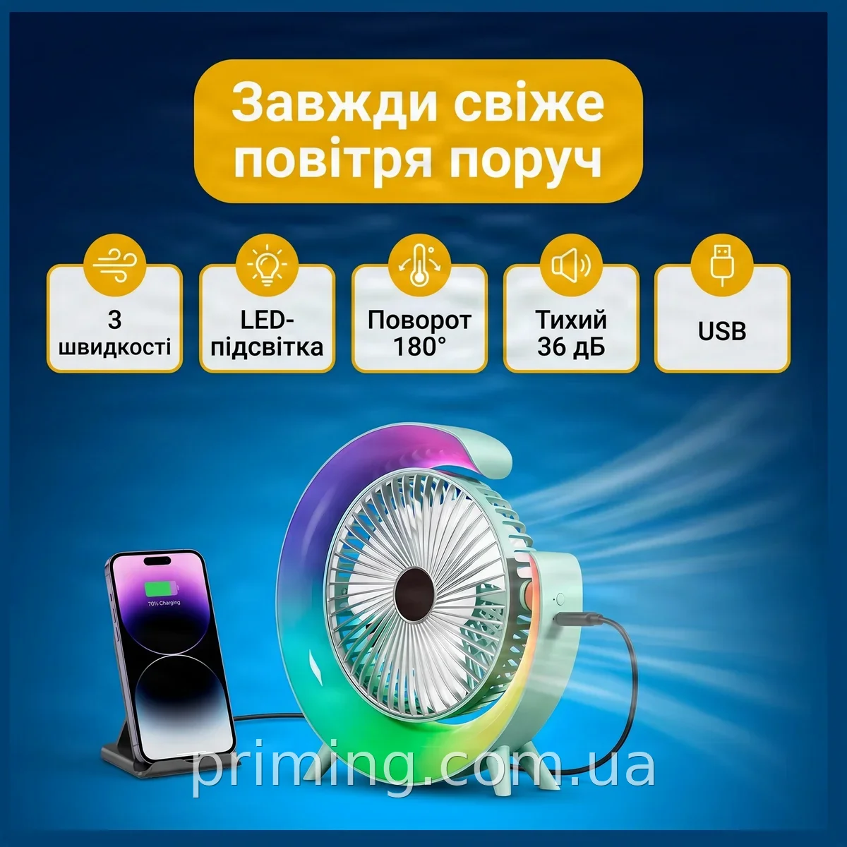 Портативный настольный аккумуляторный вентилятор с LED-подсветкой, 3 скорости, USB, поворот 180°, тихий 36 дБ