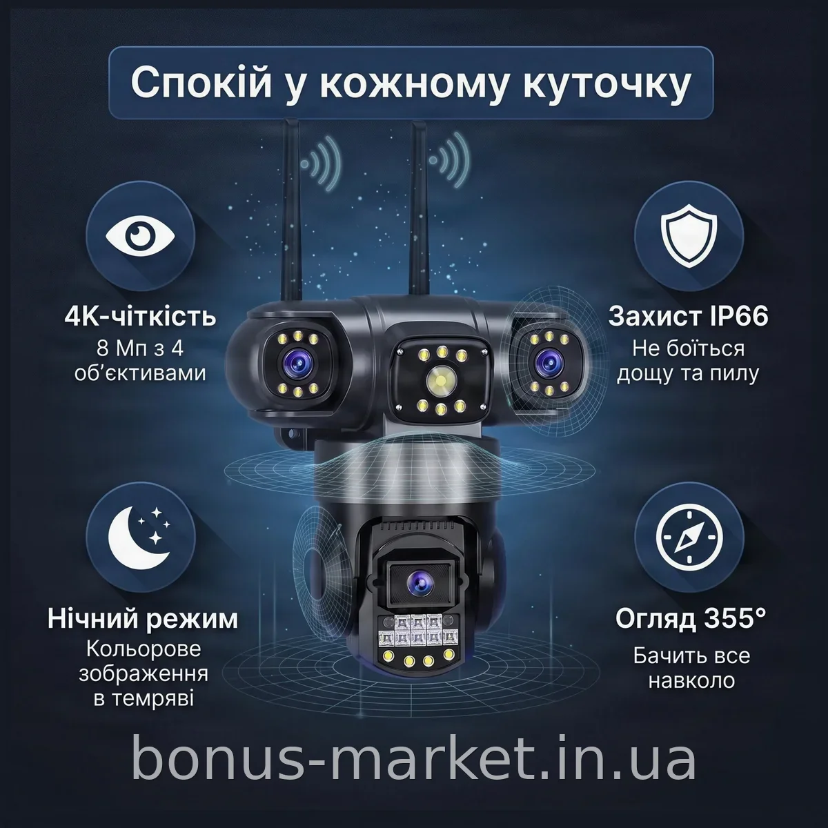 Уличная поворотная Wi-Fi камера V380 SC28-W 8 Мп с 3 объективами, ночным видением, защитой IP66 и записью