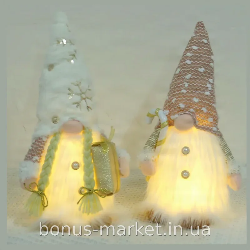 Скандинавский новогодний гном Winter Gold с LED подсветкой 30 см, текстильная рождественская фигурка