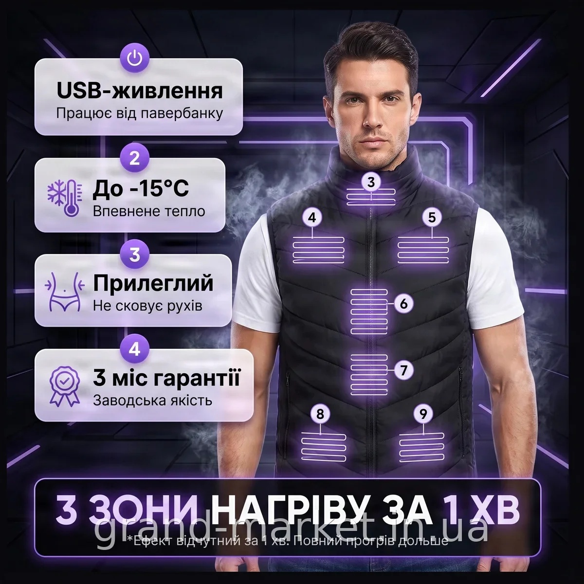 Нагревательный жилет с подогревом от PowerBank, USB-кабель, 9 зон обогрева, мужской зимний черный XL