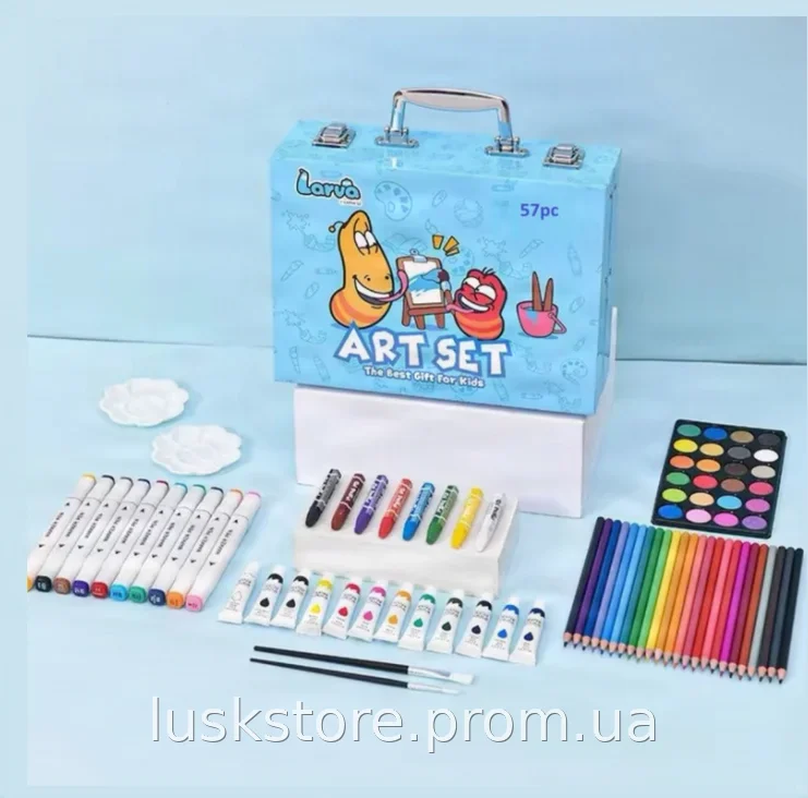 Набор цветных карандашей и фломастеров Art Set 57 предметов в металлическом кейсе для рисования и творчества