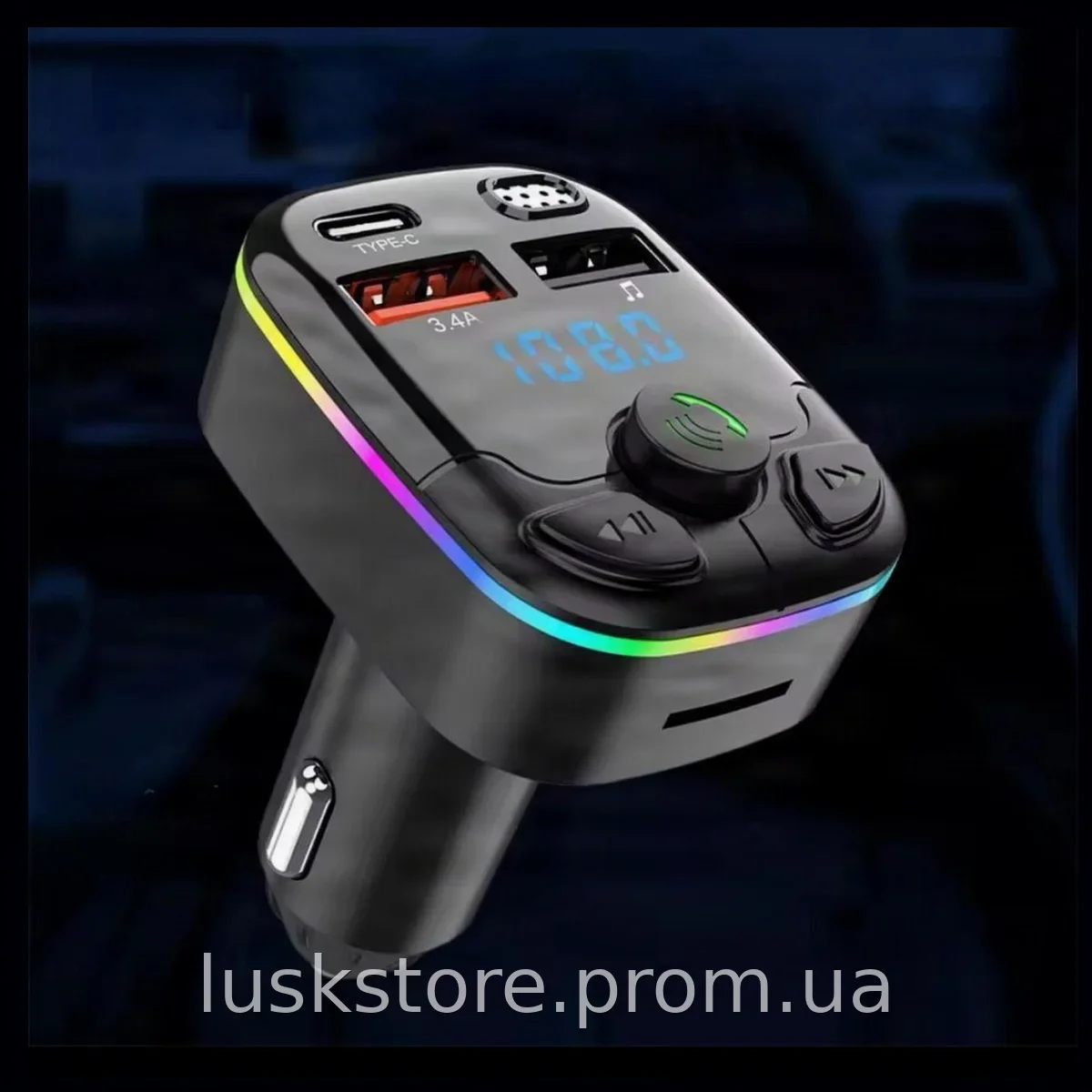 FM-модулятор Bluetooth 5.0 в авто, быстрая зарядка Type-C 3A, 4 USB, LED-дисплей и микрофон для громкой связи