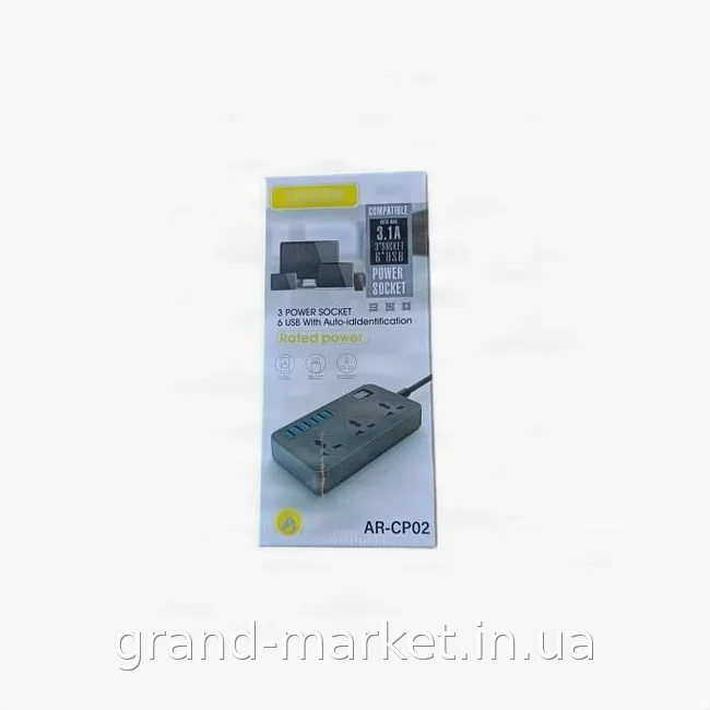 Мережевий фільтр-подовжувач на 3 розетки та 6 USB із заземленням, захистом від КЗ та зарядкою для пристроїв