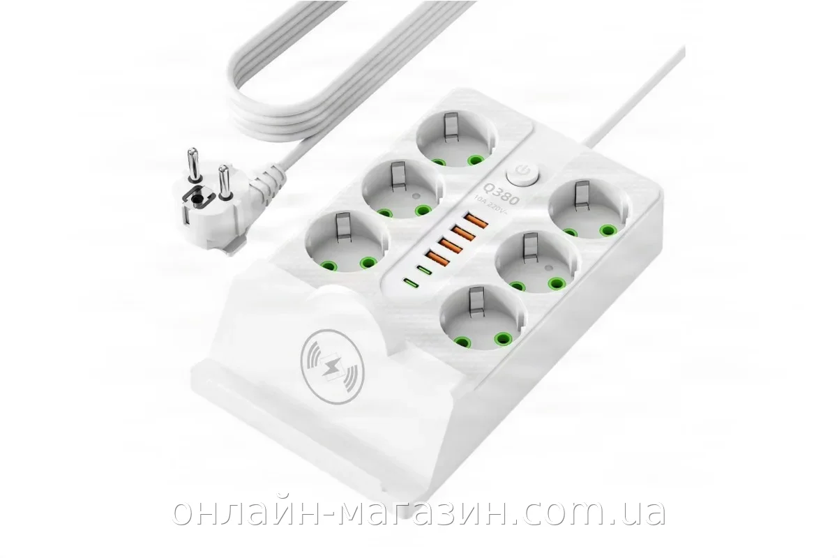 Сетевой фильтр-удлинитель 5м с беспроводной зарядкой Qi, 6 розеток 220В, 4 USB, 2 PD Type-C, защита 2500 Вт