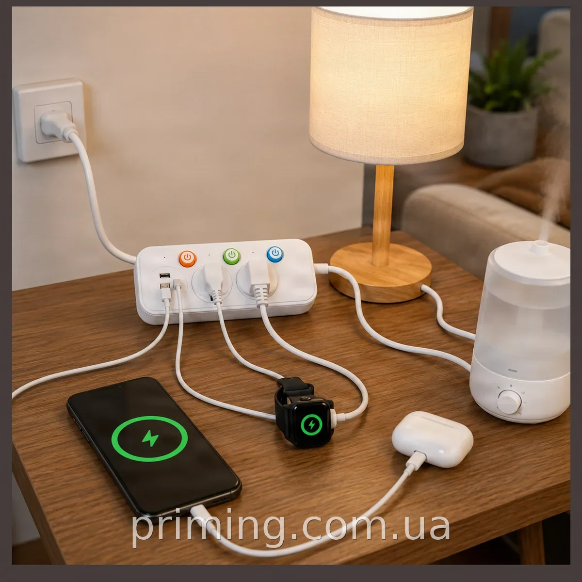 Сетевой удлинитель-разветвитель AND WL-2 T63U с 2 розетками, USB-C и 2 USB-A, подсветкой и выключателем