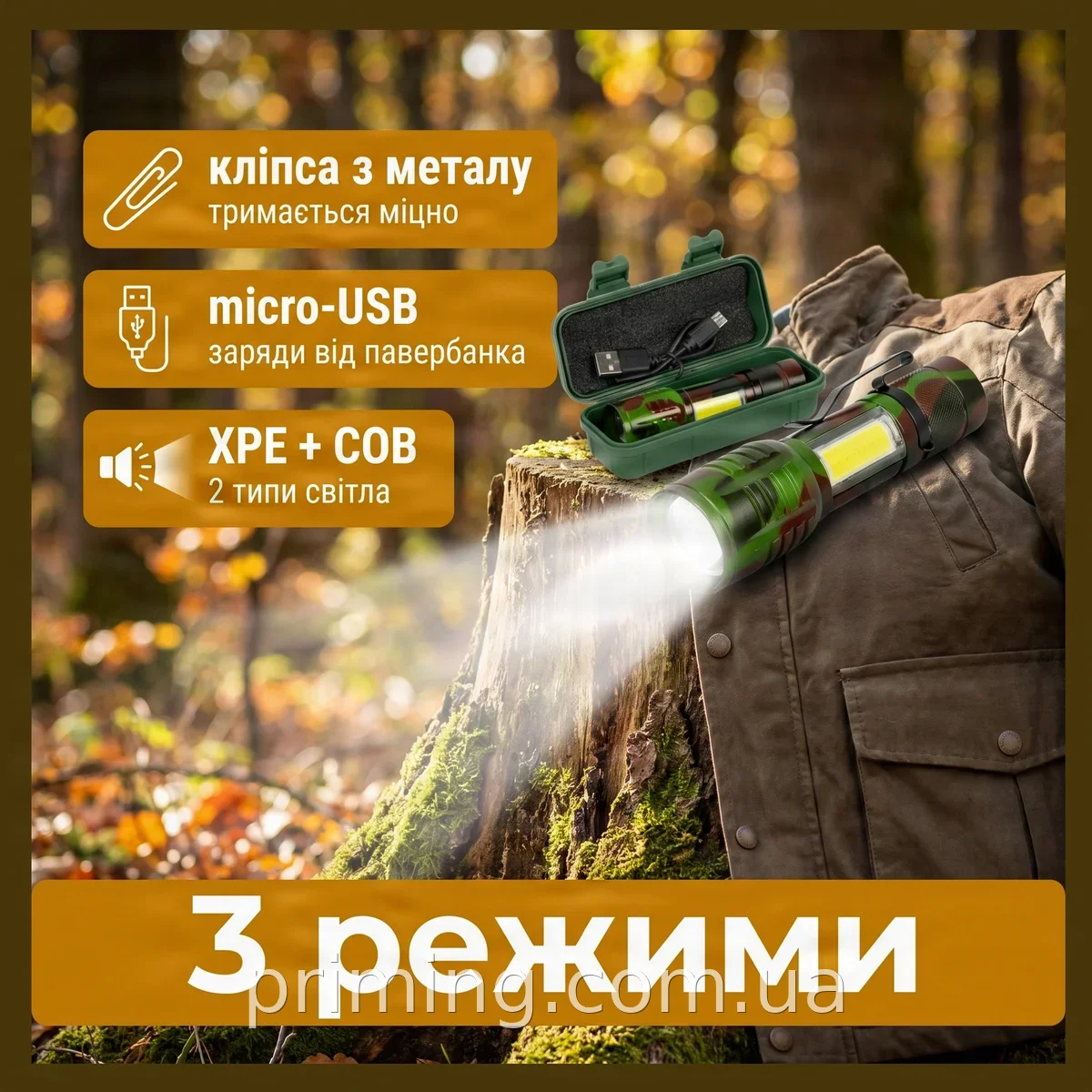 Тактический фонарик аккумуляторный металлический LED XPE+COB с зумом в кейсе камуфляж, мощный ручной с клипсой