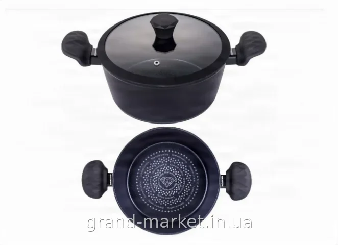 Каструля Edenberg EB-3488 6.7 л з алмазним антипригарним покриттям і скляною кришкою, литий алюміній